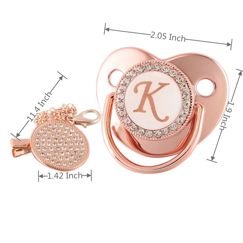 Chupete y clips para bebé con diamantes de imitación, oro rosa, iniciales de 26 letras, personalizable, para bebé, recién nacido, chupete para la