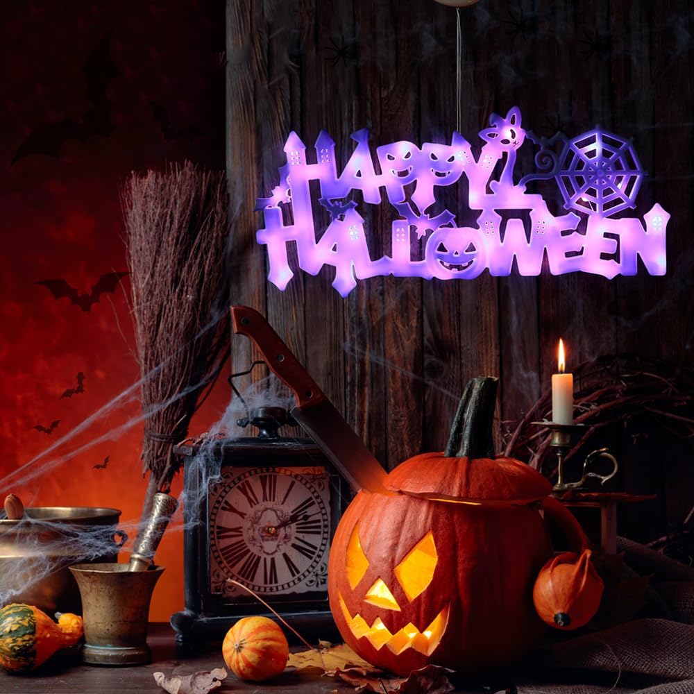 Letrero de luces de Halloween, luces LED de Halloween alimentadas con pilas para colgar decoración de Halloween en interiores y exteriores (morado)