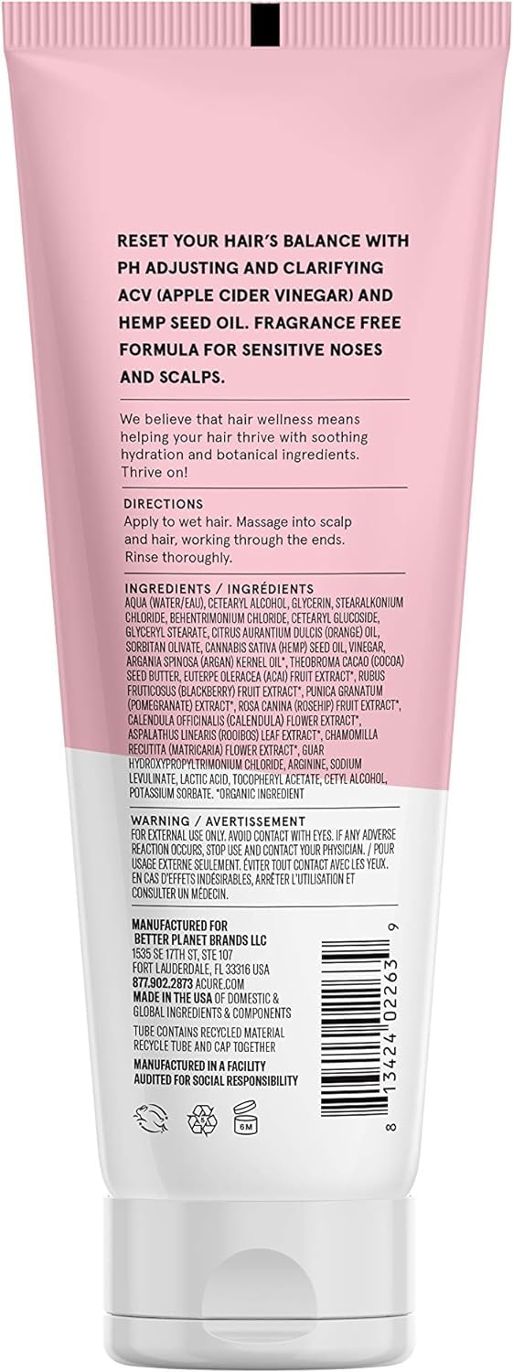 Acure Buildup Balancing Hemp & Apple Cider Vinegar Conditioner  100% Vegan  Resets & Balances Hair for Styled, Swim & Harsh Conditions  Fragrance