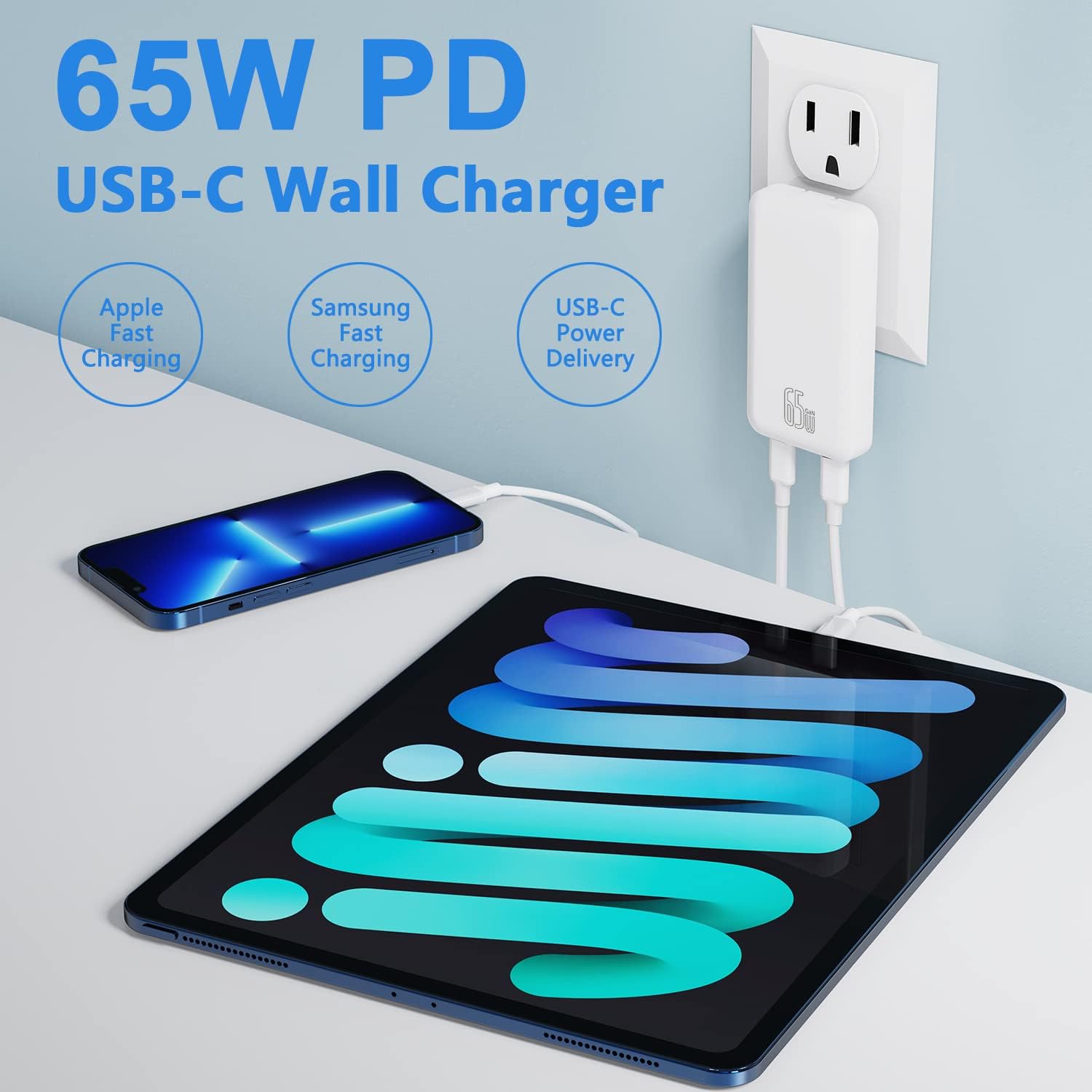 Cargador de pared delgado USB C plegable de 65 W y 2 puertos con asignación de energía inteligente, cargador PD GaN rápido para iPhone, Samsung,