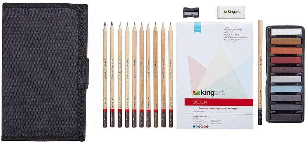 KINGART 140 DIBUJOS Y DIBUJOS 25 uds. Juego de viaje, lápices y pasteles de grafito y carbón y suministros adicionales, kit de dibujo artístico para