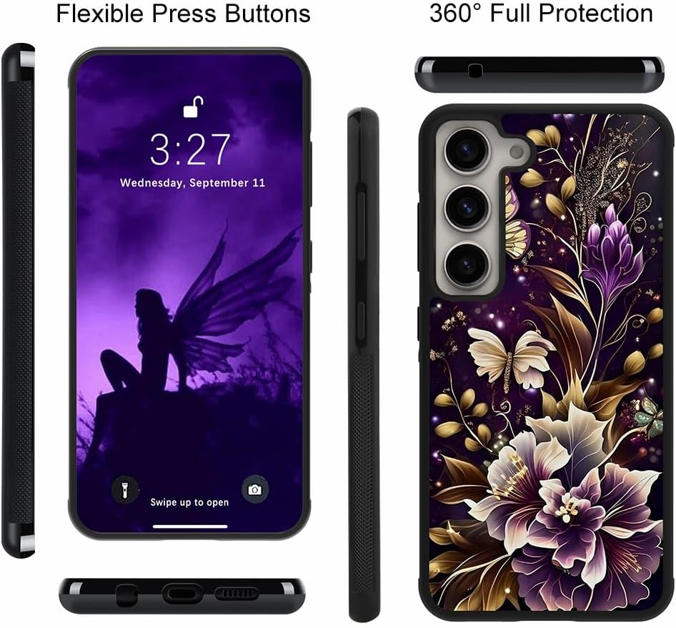 OOK Funda para Samsung Galaxy S23, diseño de nebulosa de flores moradas profundas, policarbonato duro+TPU suave, antideslizante, ultrafina, funda