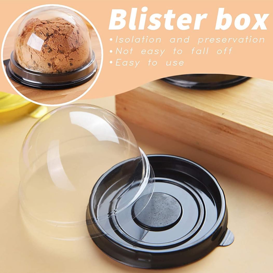 Caja de embalaje Mini contenedor para tartas Mooncake Dome Box Muffin Pod Holder Plástico transparente individual con base negra, 50 unidades