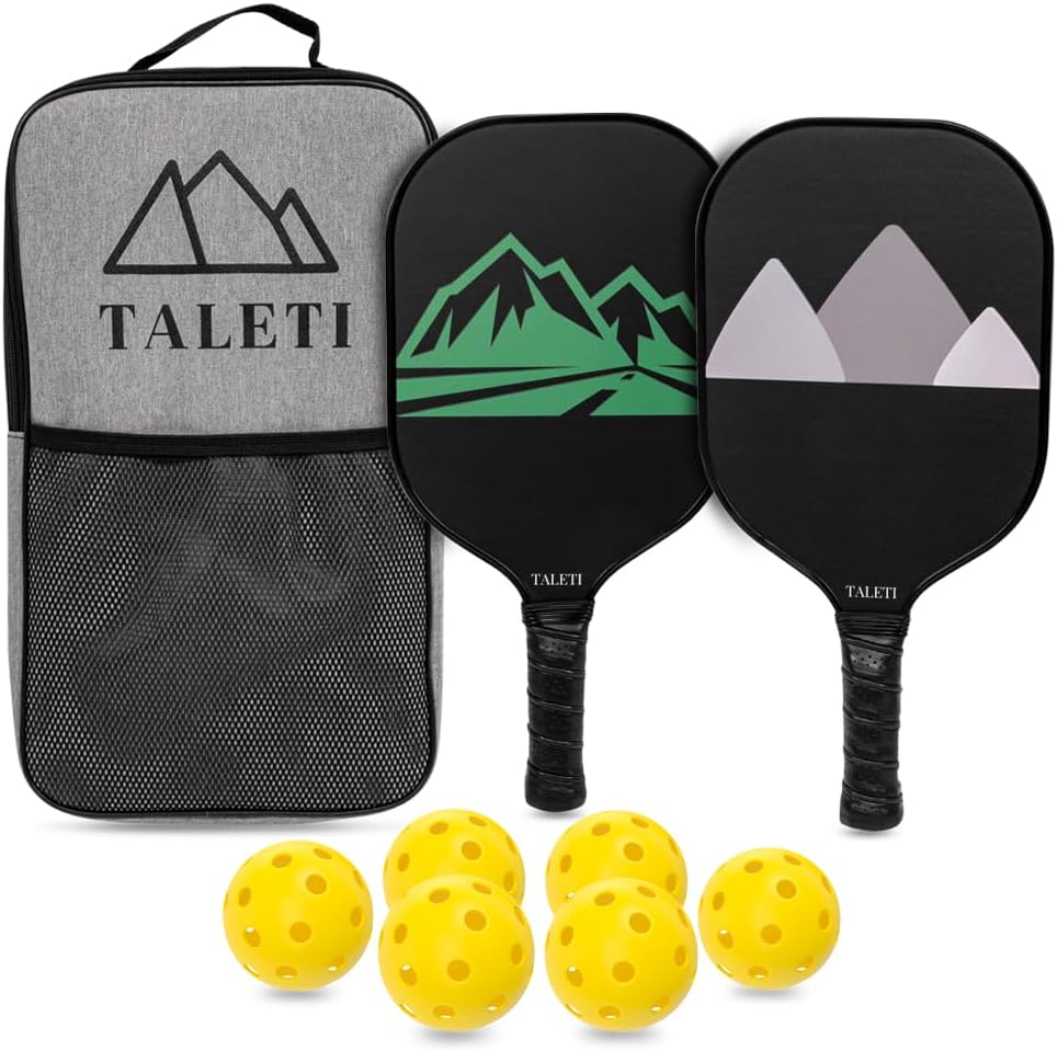 Taleti – Juego de 2 raquetas de pickleball de fibra de carbono, ligeras con 1 bolsa de transporte, 6 bolas de pickleball