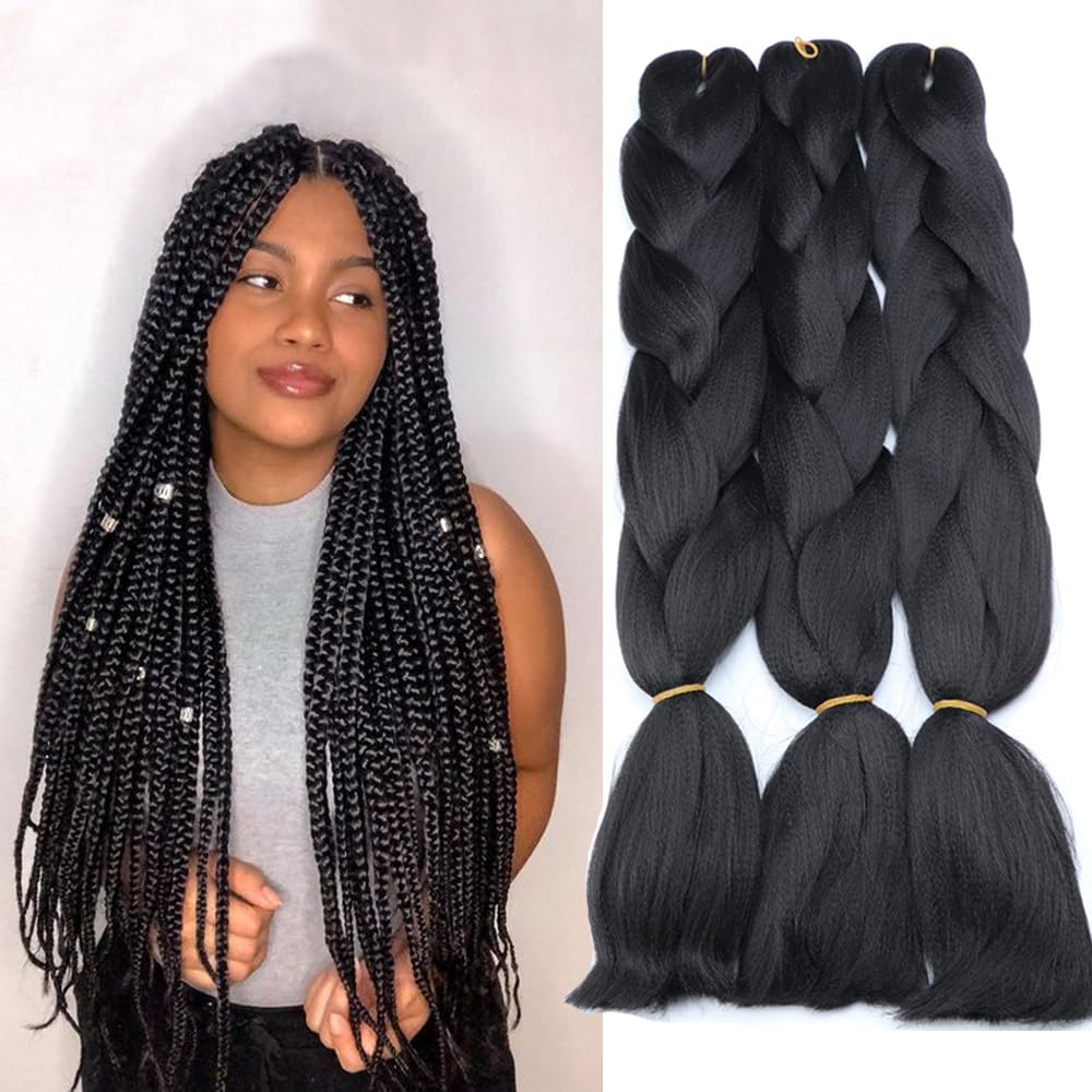 Extensiones de cabello de trenzas jumbo, 3 unidades, color negro puro, 24 pulgadas, 3.53 ozunidad para trenzado de caja torcida (1B negro)