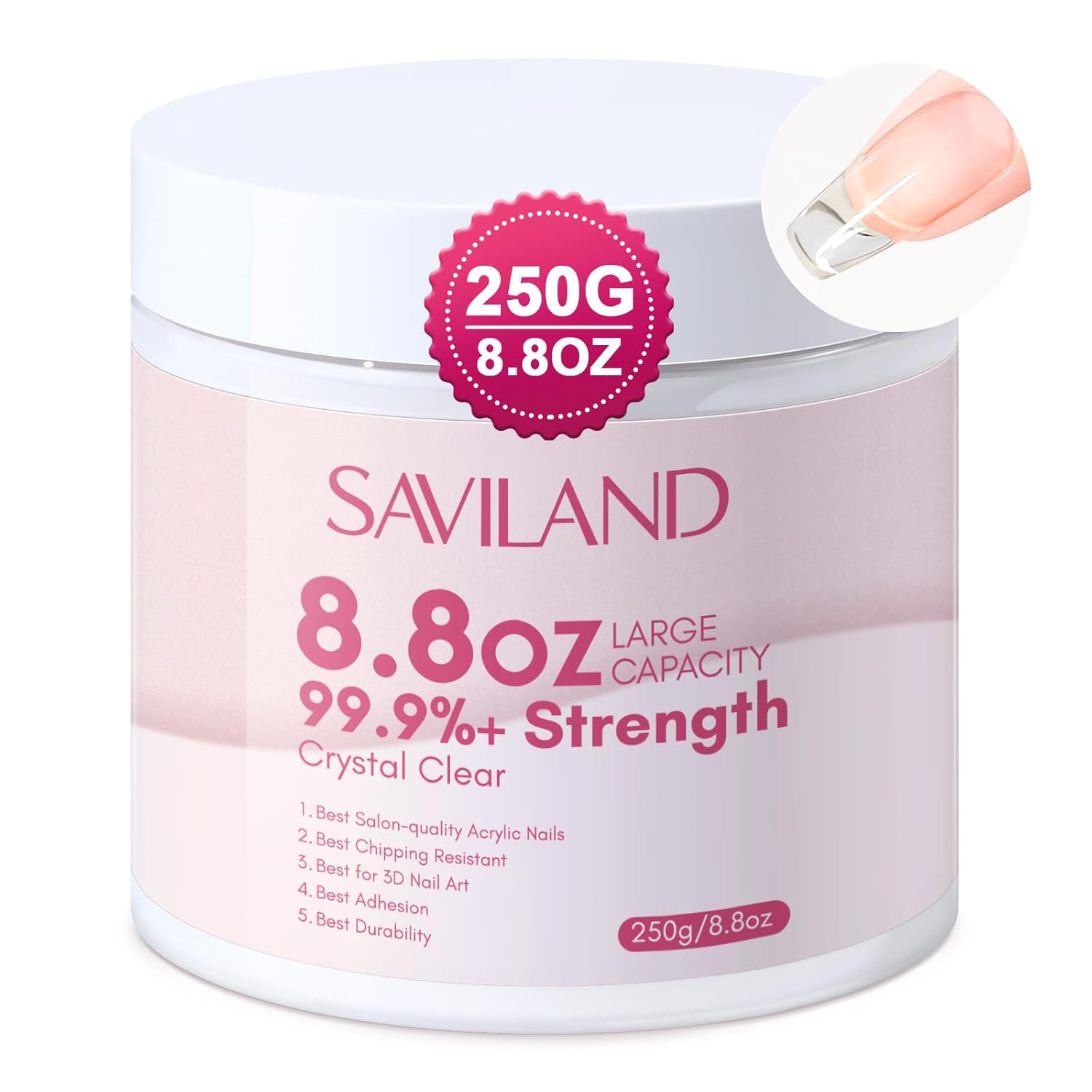 Saviland Polvo acrílico transparente  250 g8.8 oz polvo acrílico de uñas grande para extensión de uñas, polvo de uñas acrílico profesional