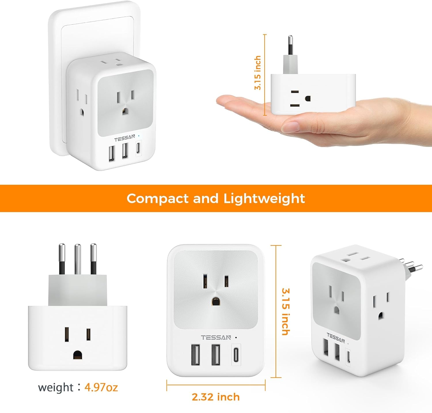Adaptador de enchufe de viaje para Italia, 2 paquetes, adaptador de corriente TESSAN Italia con 4 tomas, 3 puertos USB (1 USB C), adaptador de