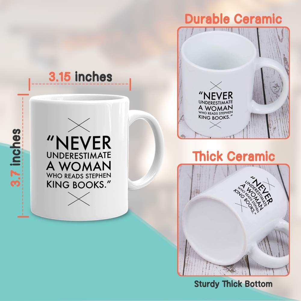 Taza de café Reader de 11 onzas, Never Underestimate A Women Who Reads Horror Novel Book Lovers King, regalo para lector de ratones de biblioteca