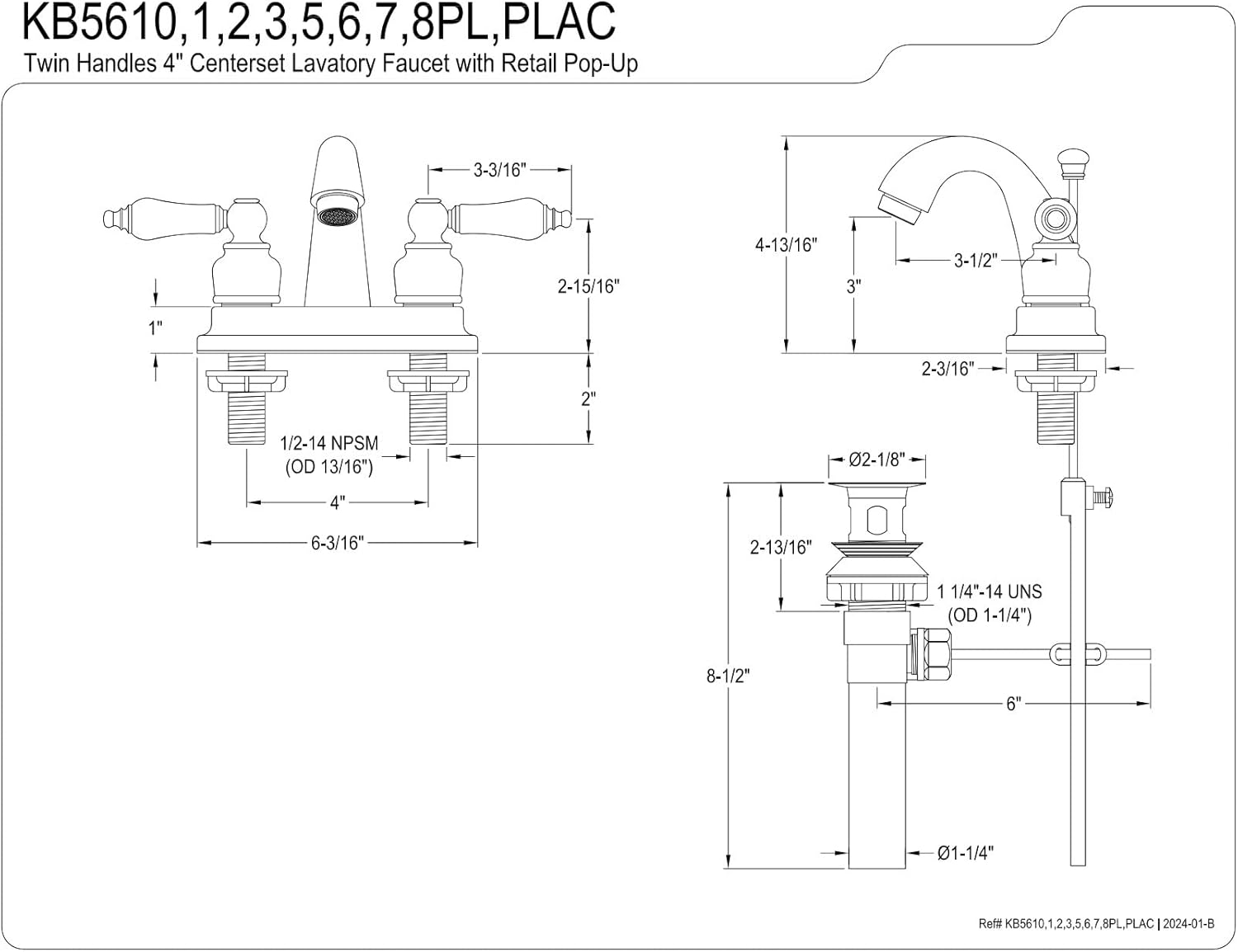 Kingston Brass KB5616PL Restoration – Grifo de baño central de 4 pulgadas, níquel pulido