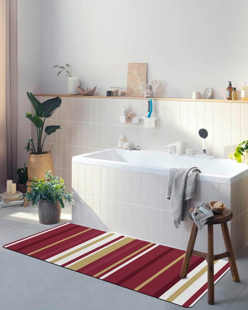 Tapete de baño con rayas rojas y amarillas, antideslizante, de secado rápido y absorbente, tierra de diatomeas, fregadero, dormitorio, cocina,