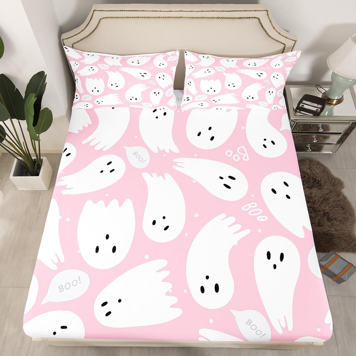 Feelyou Juego de sábanas de Halloween rosa, tamaño King, juego de sábanas de fantasma rosa de dibujos animados para niños y niñas, sábanas lindas