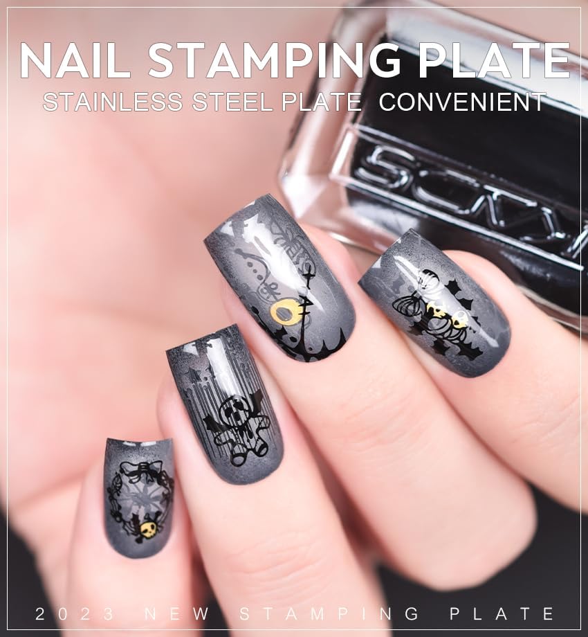 KADS Placas de estampado de uñas para Halloween, diseño de arte de uñas, atmósfera de terror, esqueleto, gota de sangre, bruja, calabaza linterna