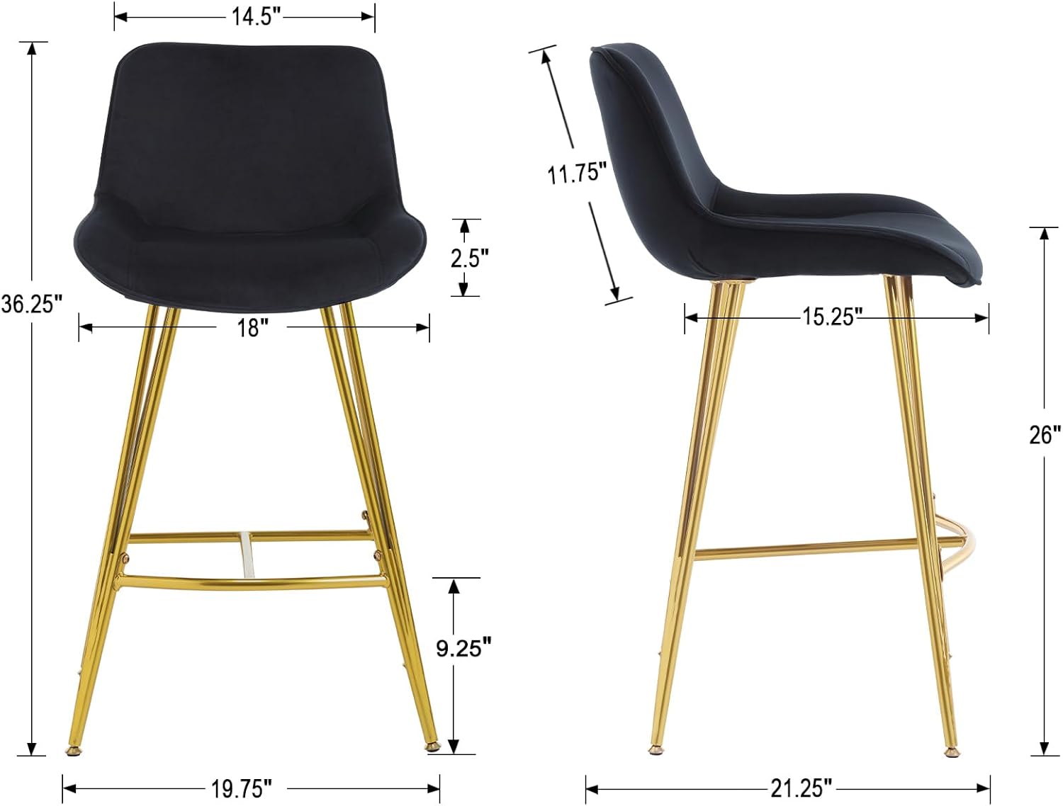 Juego de 2 taburetes de bar modernos, de terciopelo de 26 pulgadas de altura de mostrador, sillas de bar tapizadas con respaldo, patas de metal para