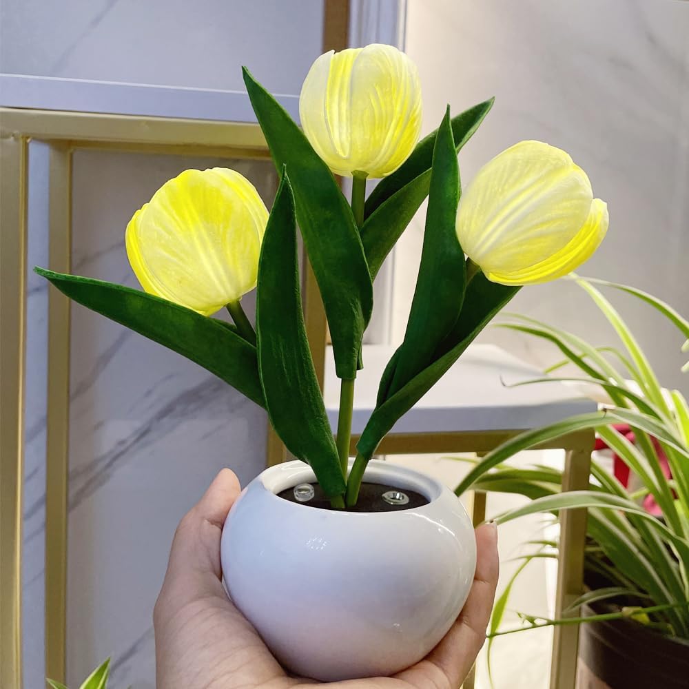 Lámpara de tulipán LED con flores artificiales, lámpara de mesa, luz nocturna, carga USB y atenuación para el hogar, sala de estar, dormitorio,