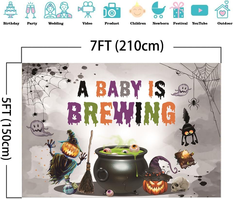 Masxkle Telón de fondo de Halloween para baby shower con texto en inglés “A Baby is Brewing”, pancarta de fiesta temática mágica de calabaza,