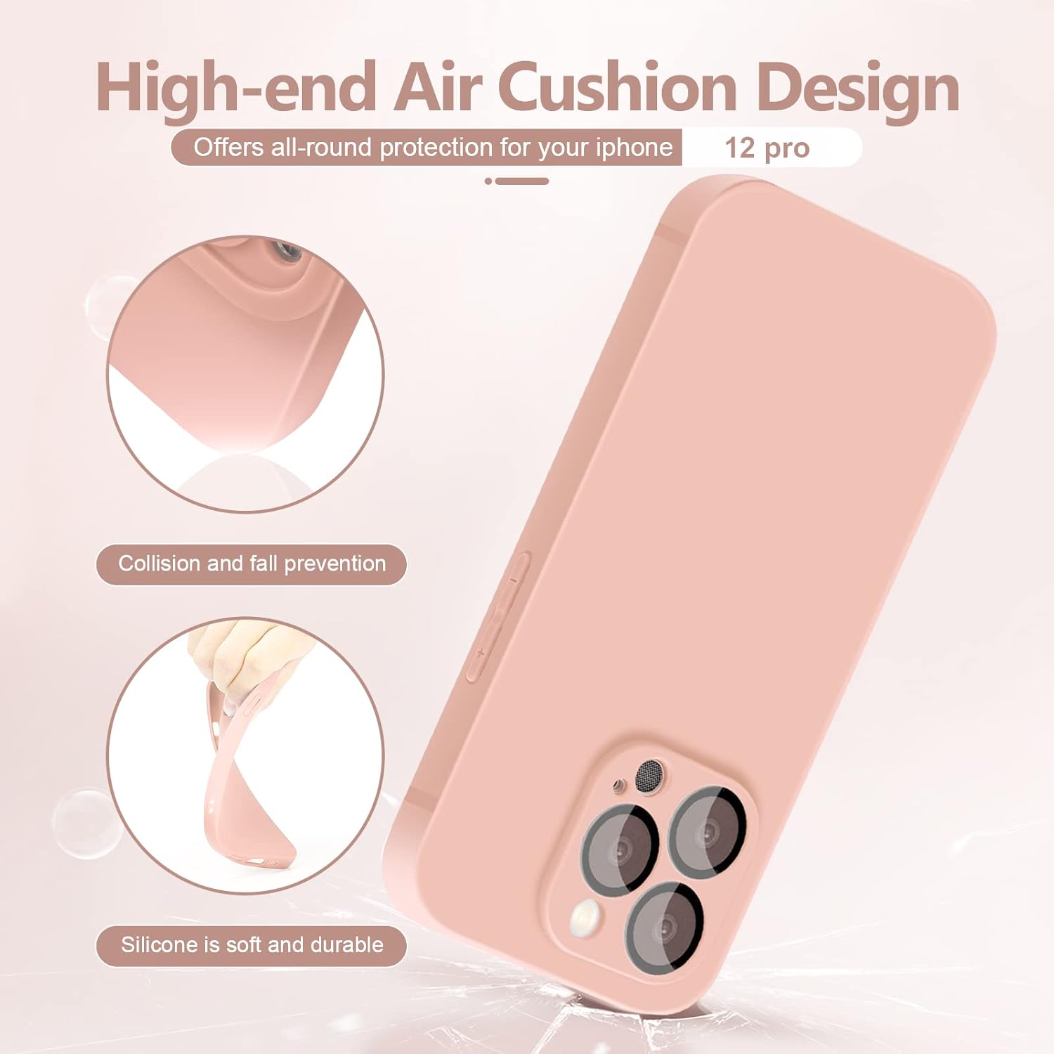 YZR Silicone Case for iPhone 12 Pro Case 6.1 inch, Individual Protection for Each Lens, Liquid Silicone Phone Case with Microfiber Lining (Light