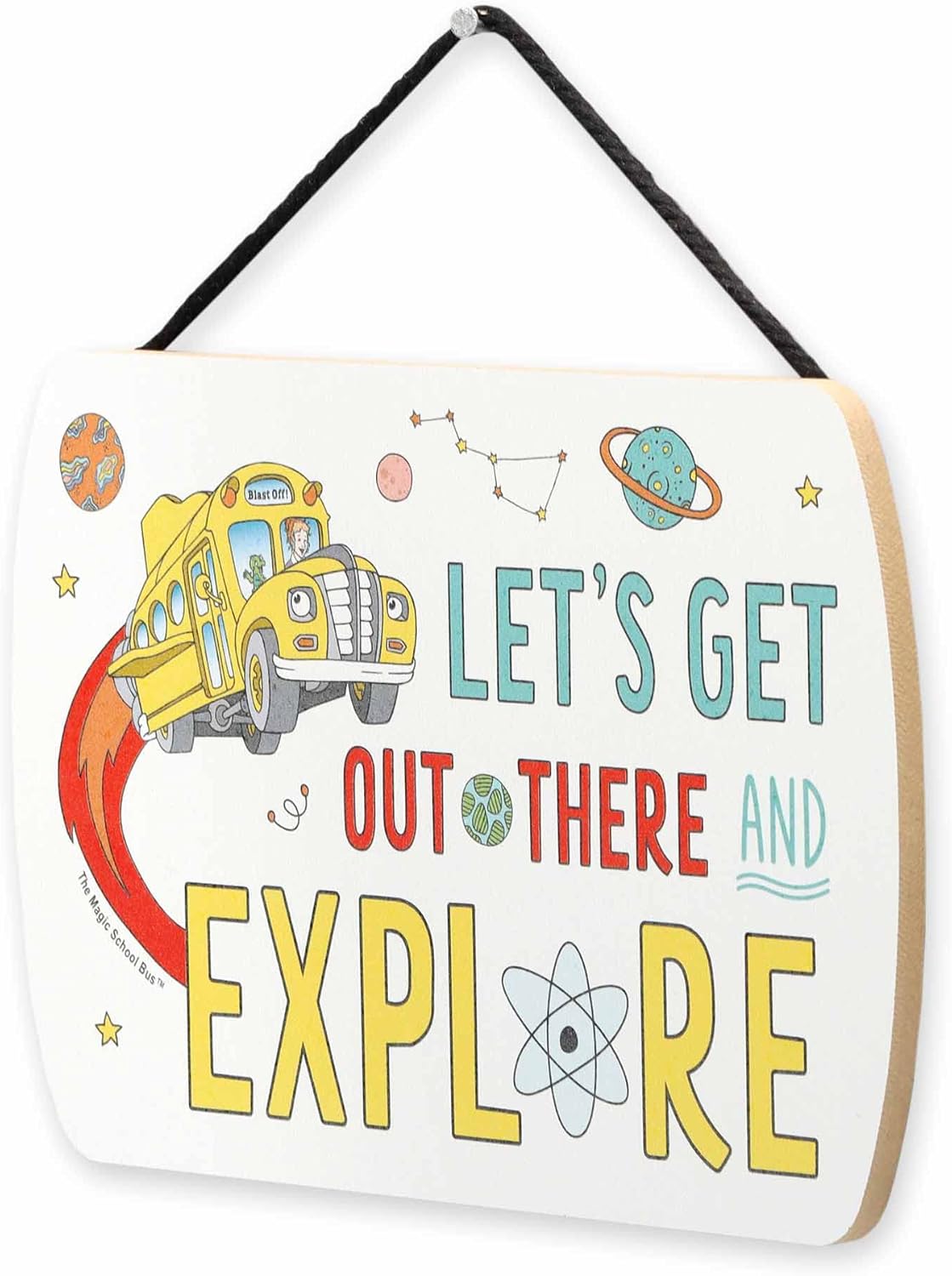 Open Road Brands Scholastic The Magic School Bus Let’s Explore – Decoración colgante de pared de madera, divertido letrero mágico de autobús escolar