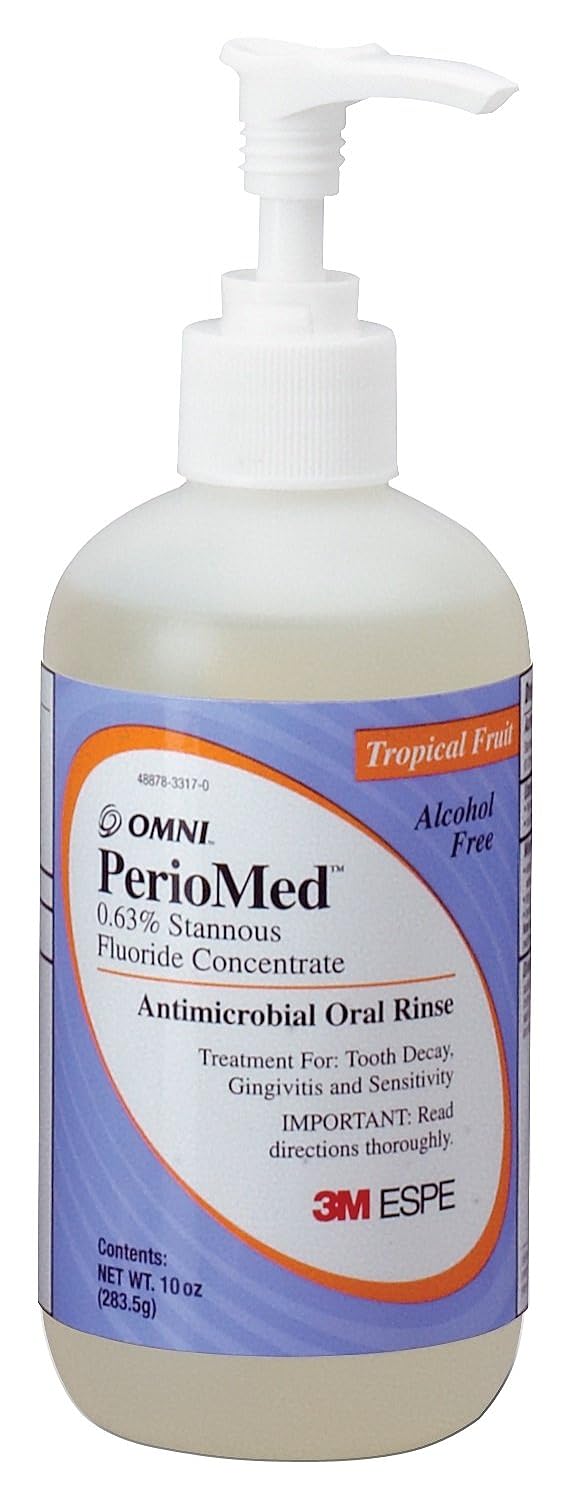 3M ESPE 12105F PerioMed – Recambio concentrado de enjuague oral con flúor estannoso al 0.63%, sabor a fruta tropical, botella de 10 onzas con bomba