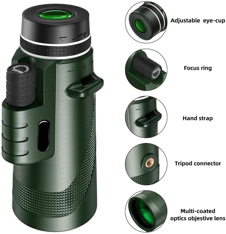 Telescopio monocular de 40 x 60 con soporte para teléfono inteligente y trípode, alcance monocular compacto HD para adultos, prisma monocular de