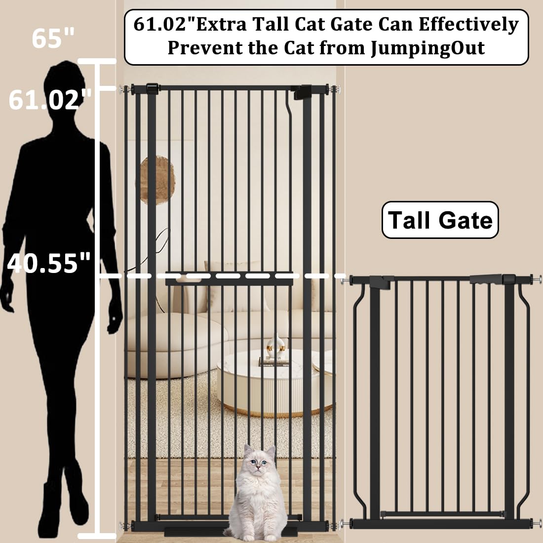 WAOWAO Puerta extra alta para mascotas de 61.02 pulgadas, 30.11-33.07 pulgadas de ancho, montada a presión, cierre automático, seguridad de metal