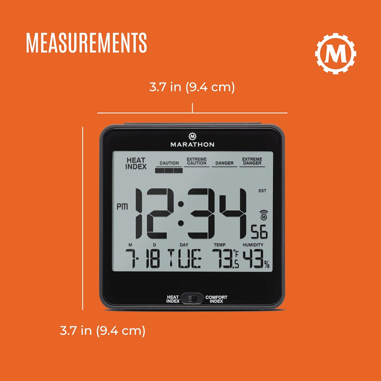 Reloj de mesa de noche Marathon, automático con luz, con índice de calor y comodidad, incluye baterías Negro