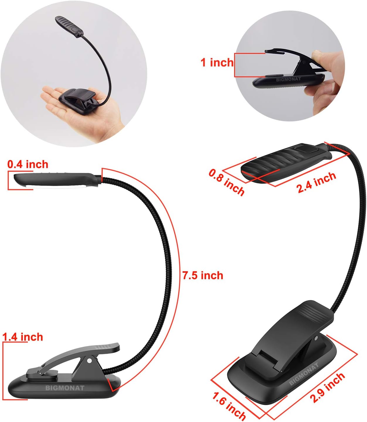 BIGMONAT – Luz de lectura para libro, luz de noche recargable, color ámbar recargable, cuello plegable portátil, USB o funciona con pilas, luz de
