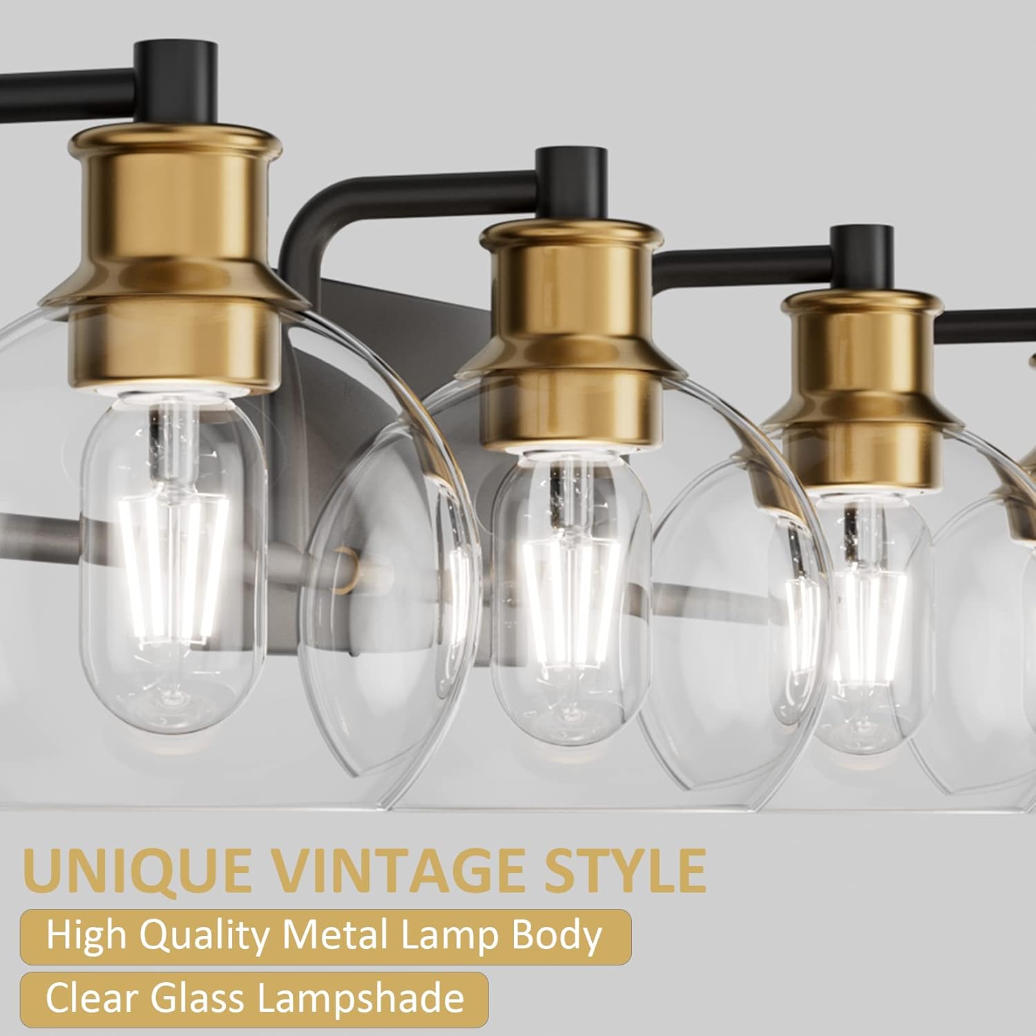 Tipace Lámparas industriales para tocador de baño, 4 luces, acabado vintage negro y dorado con globo de vidrio transparente, iluminación de baño de