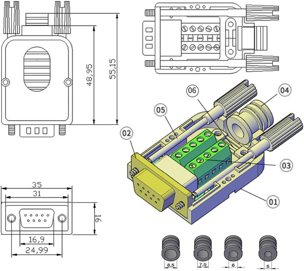 10 adaptadores seriales DB9 hembra sin soldadura RS232 D-SUB, 0.630 in más delgado 9Pin terminal de puerto sin soldadura placa de ruptura a presión