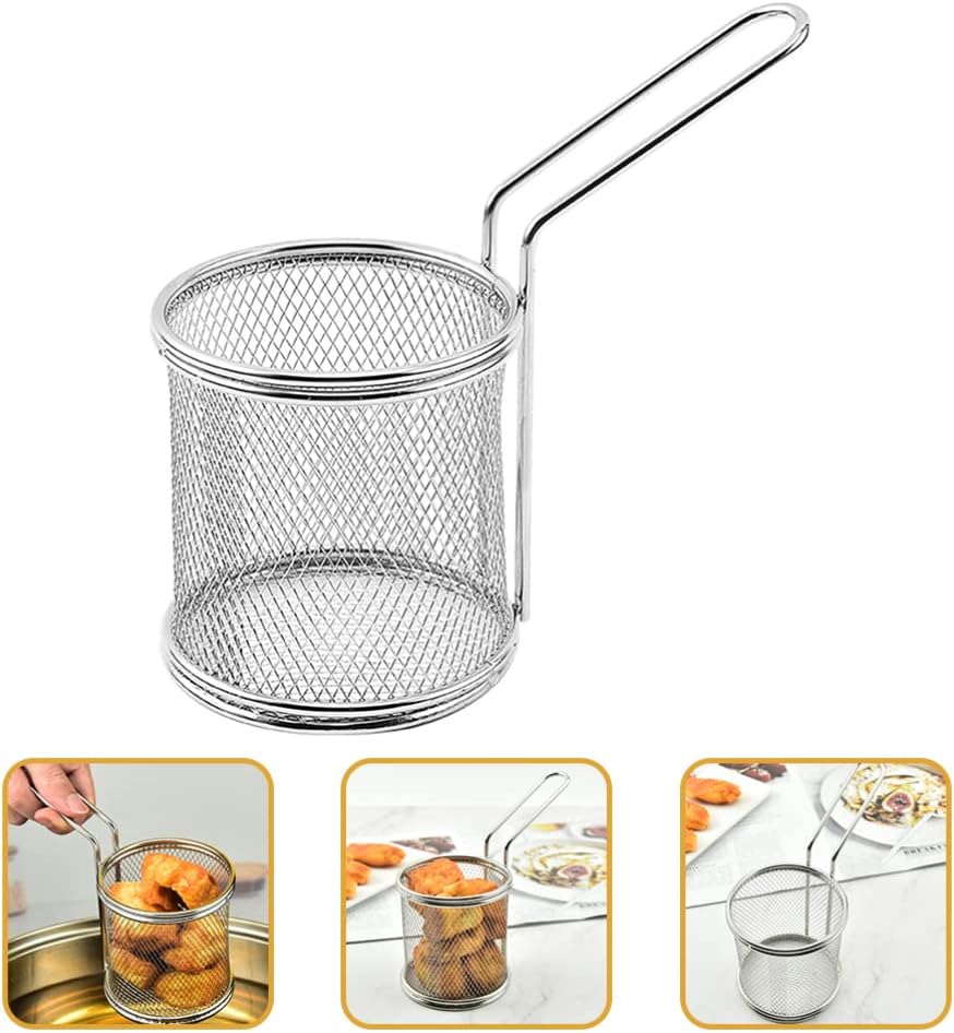 Cesta de acero inoxidable para freír profunda, 2 unidades, malla de alambre redonda, cesta para freír chips franceses con asa, vajilla de
