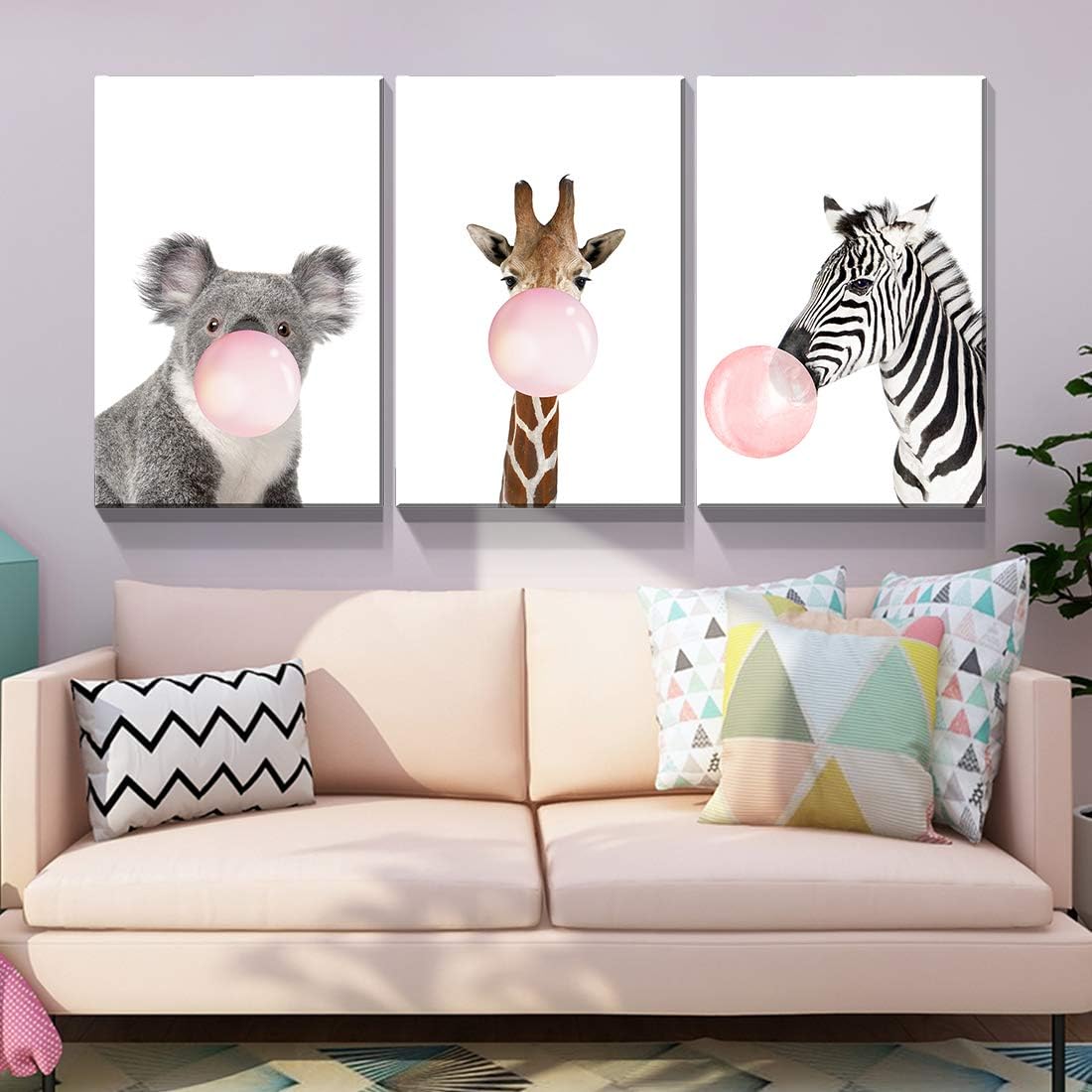 Denozer – 3 paneles de arte en lienzo para la pared – Jirafa cebra koala rosa goma de mascar animales, arte moderno para decoración del cuarto del