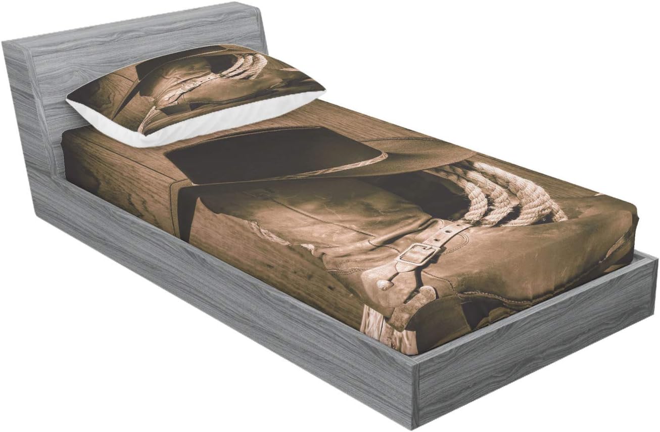 Ambesonne Juego de sábanas bajeras y fundas de almohada occidentales, sombrero de vaquero con temática del salvaje oeste y cuerda de ganadería vieja