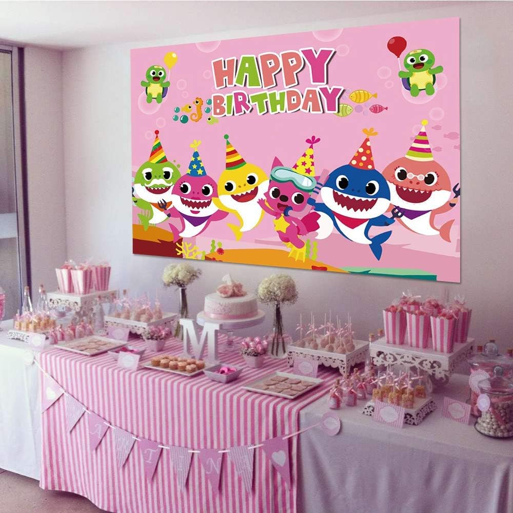 FUNTON Fondo de tiburón bebé (rosa), suministros de fiesta de tiburón bebé, decoraciones de cumpleaños de tiburón bebé (5 x 3 pies)