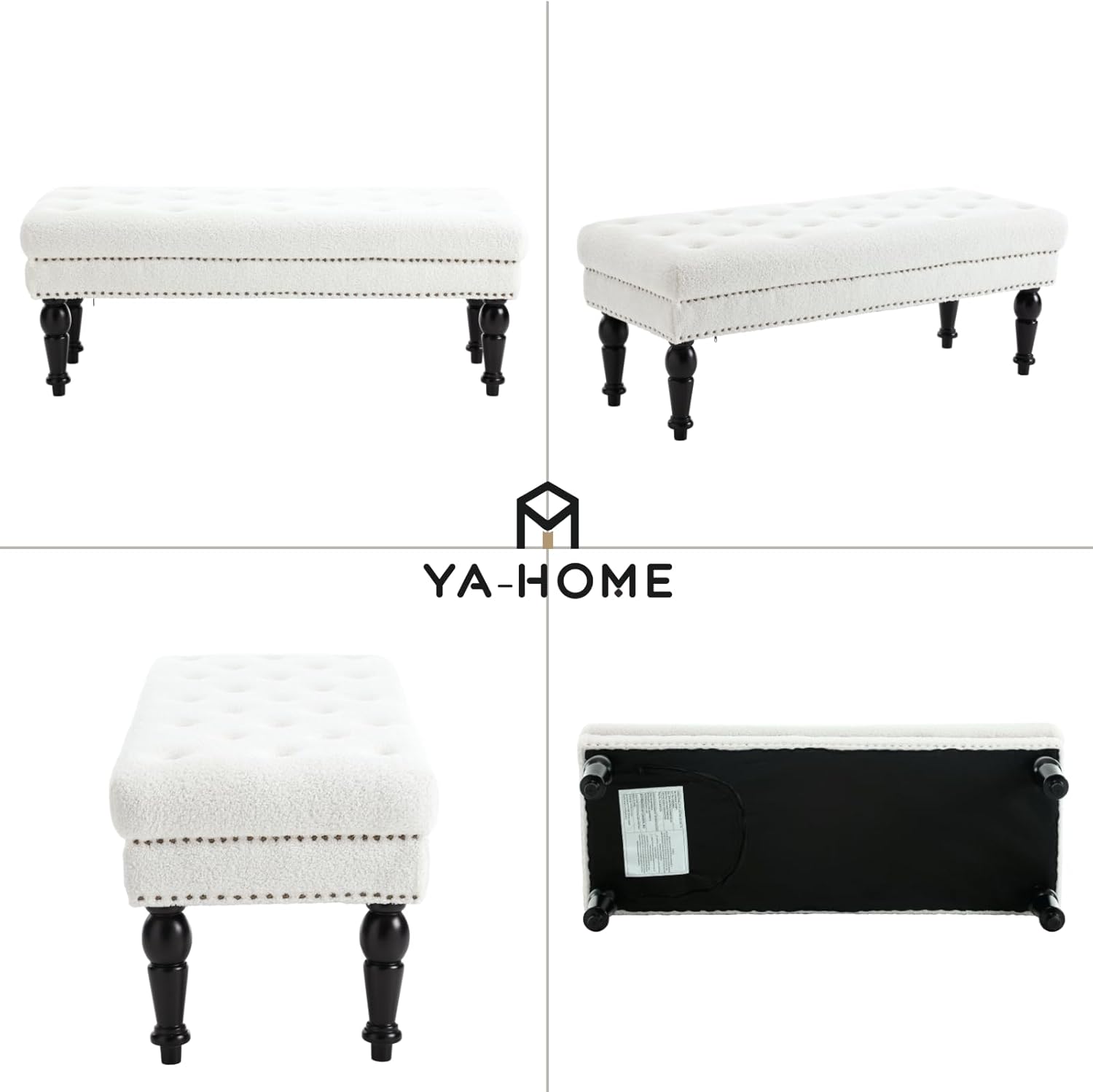 Banco tapizado moderno, de 45 pulgadas, sherpa para dormitorio, banco otomano con botones copetudos y patas de madera maciza para dormitorio, sala