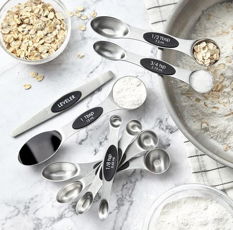 Juego de 9 cucharas medidoras magnéticas, cucharas de cocina de acero inoxidable con medida para medir ingredientes secos y líquidos