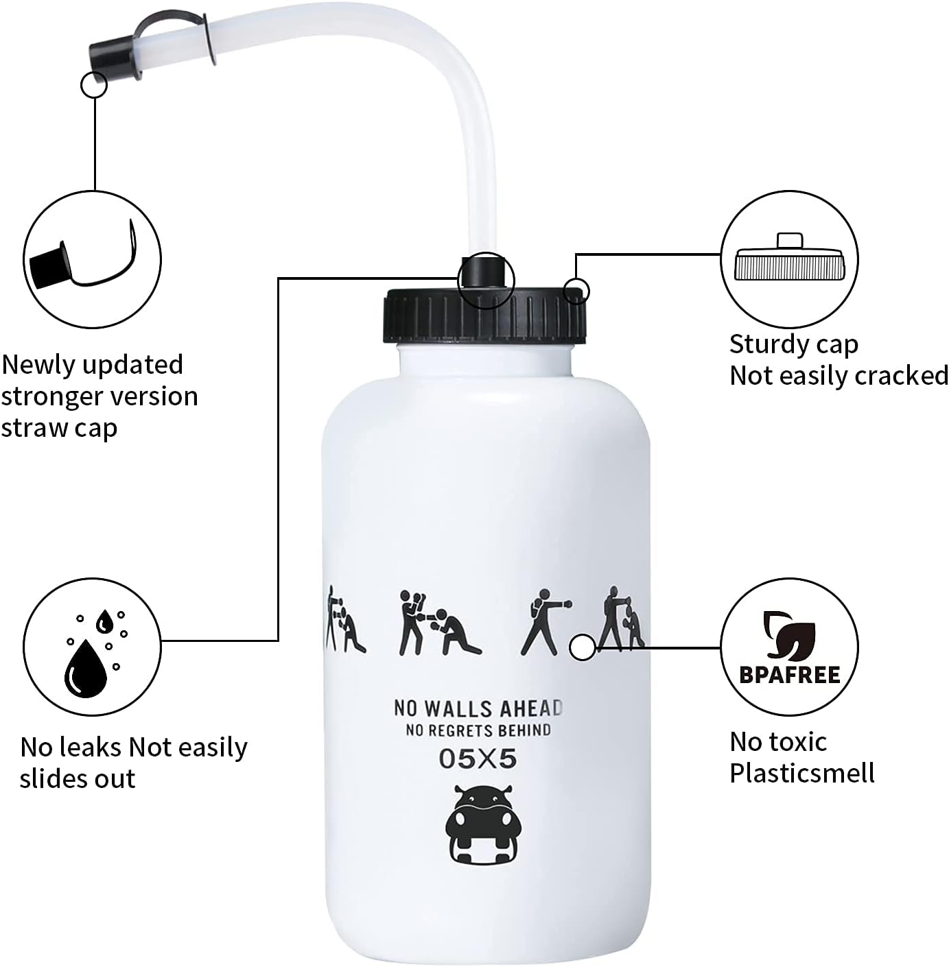 Botella de agua de hockey con pajita larga de 1 litro, botellas de agua de 1 litro, sin BPA, botella de agua de lacrosse para deportes, portero,