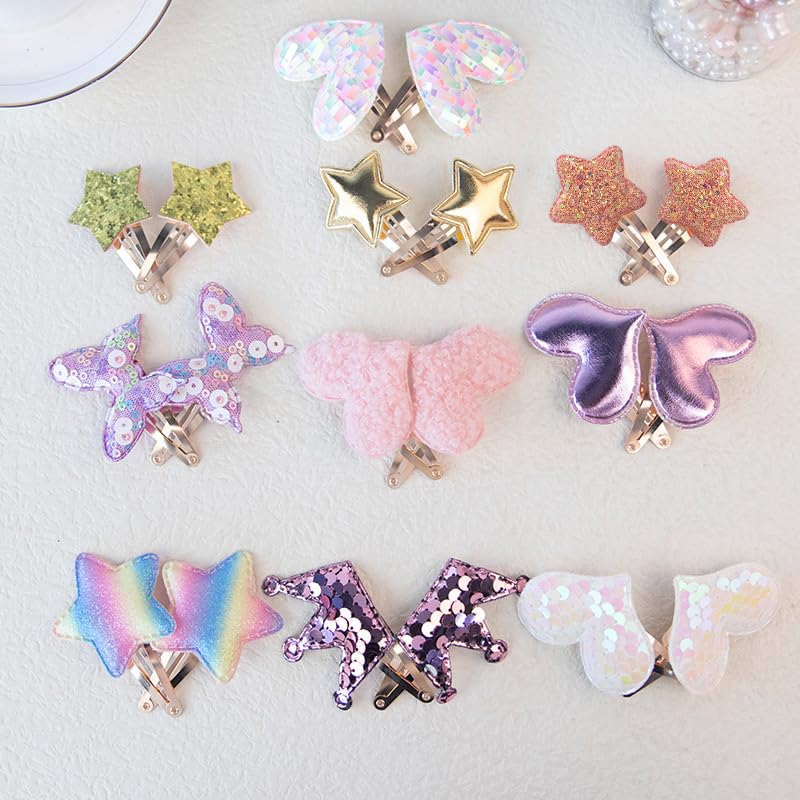 Paquete de 2010 pares de pinzas para el cabello para niñas, corona de estrella, corazón, mariposa, pasadores de pelo para niños, clip de lentejuelas