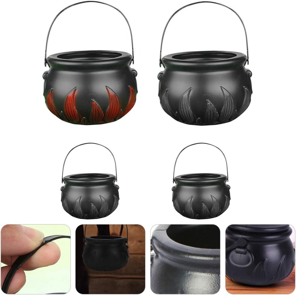 DOITOOL 4 unidades de caldero de bruja de Halloween, barril de llama de plástico, caldero negro, cubos de dulces de Halloween, recipiente con asa