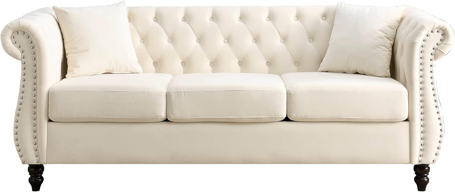 Sofá Chesterfield de terciopelo de 80 pulgadas, sofá de 3 plazas con dos almohadas, cabeza de clavos y brazos enrollados, sofá tapizado con respaldo