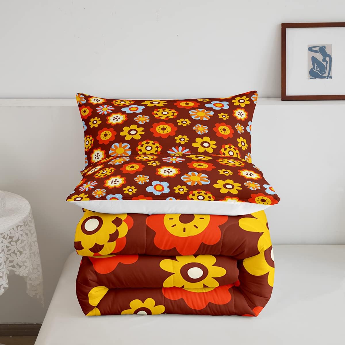 Groovy Flower Power – Juego de edredón tamaño Queen, lindo juego de ropa de cama floral bohemio de los años 60 y 70, edredón hippie para niños,
