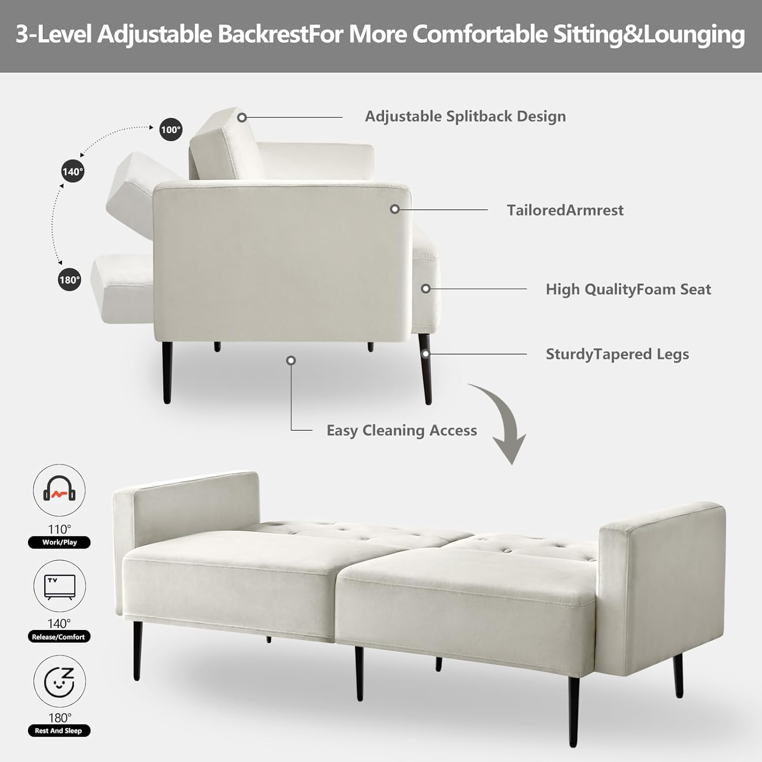 Wimarsbon Sofá cama futón, sofá cama convertible de 74 pulgadas, sofá biplaza tapizado con respaldo ajustable, brazos y patas de metal de alta