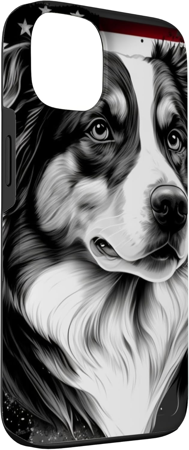 Funda para iPhone 13 con diseño de perro pastor australiano en blanco y negro
