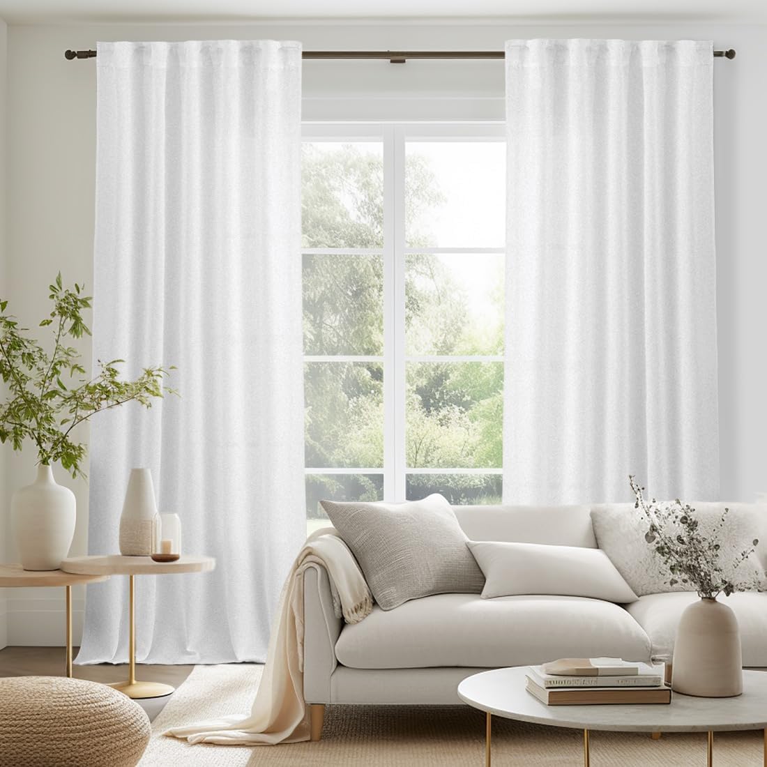 MIULEE Cortinas de lino sintético de 90 pulgadas de largo, cortinas semitransparentes blancas con bolsillo para barra, pestaña trasera, cortinas de