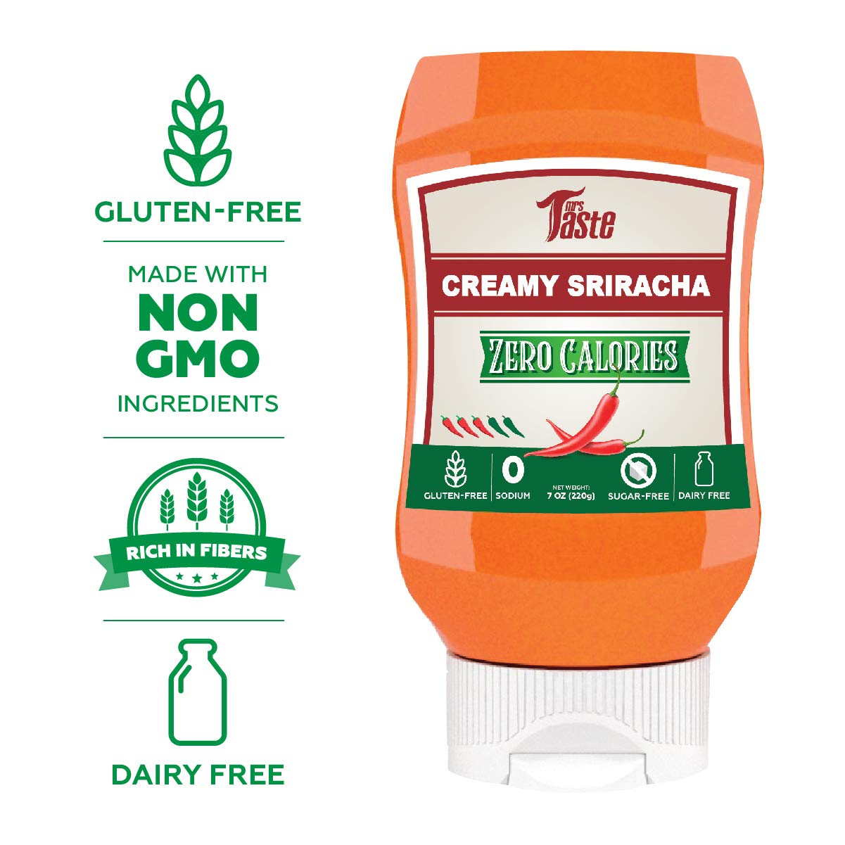 Mrs Taste Sriracha cremosa sin azúcar, cero calorías, cero sodio, cero azúcar, alta fibra, apta para dieta cetogénica, apta para dieta paleo,