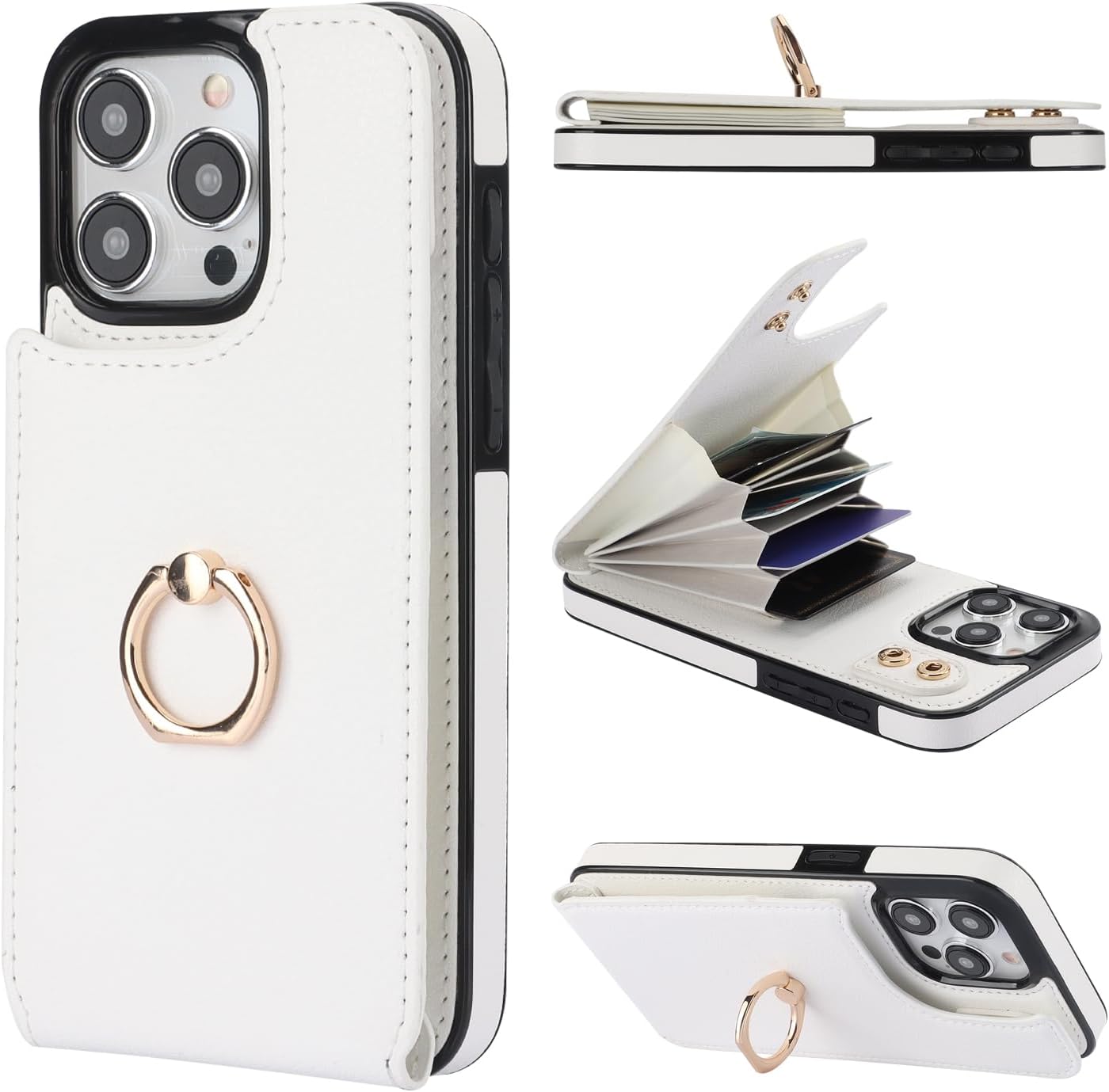 Folosu Funda compatible con iPhone 15 Pro Max con soporte para tarjetas, rotación de 360, soporte de anillo de dedo con función atril, bloqueo RFID,