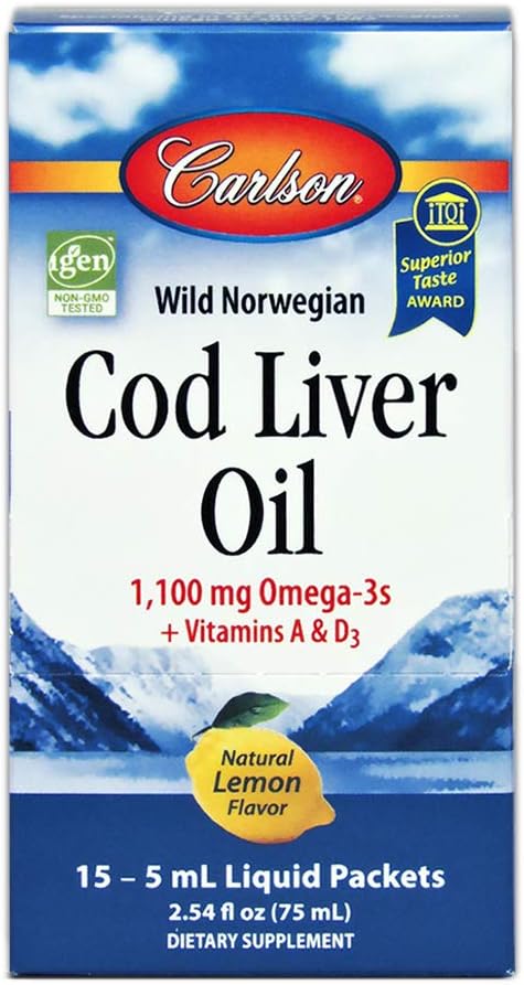 Carlson – Paquetes de aceite de hígado de bacalao Grab + Go, paquetes de viaje, Rip & Sip, de una sola porción, 1100 mg de omega-3, más vitaminas A
