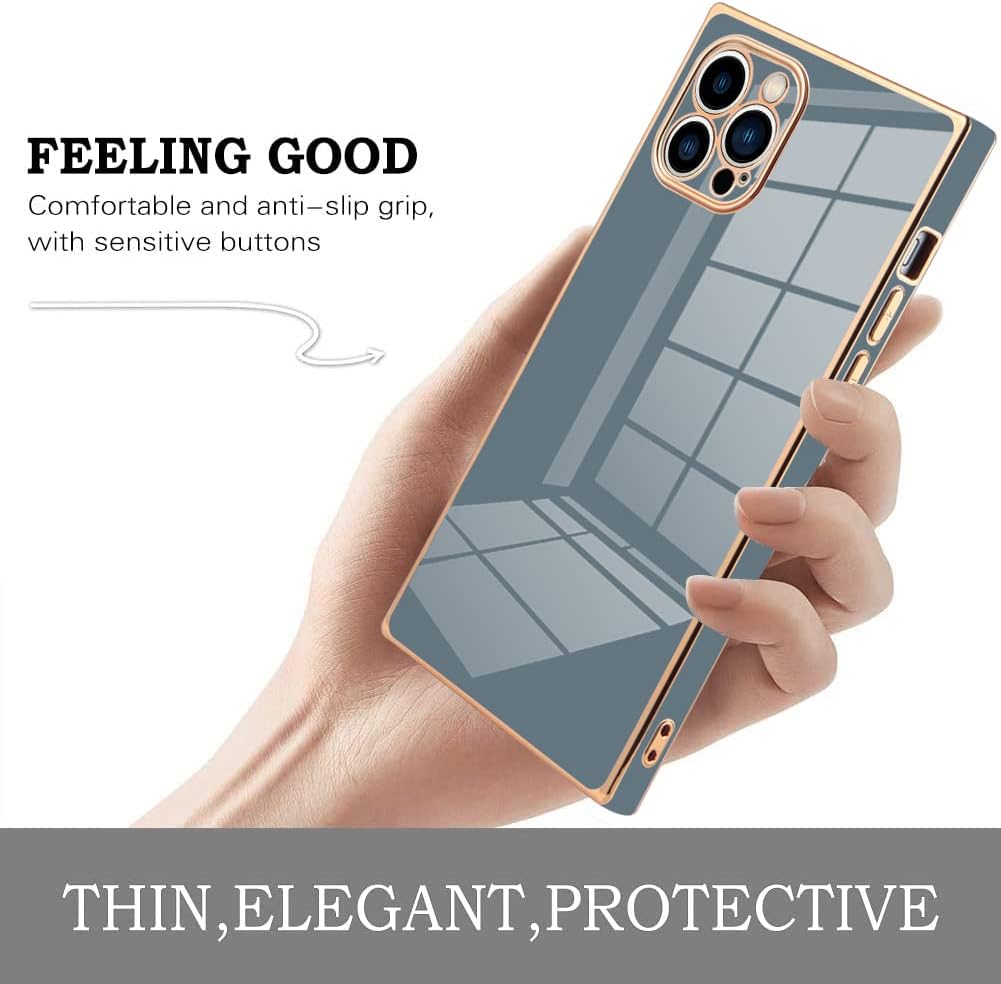 KANGHAR Funda cuadrada de lujo para iPhone 13 Pro – Parachoques de silicona de cuerpo completo galvanizado gris abuela con protección para lente de