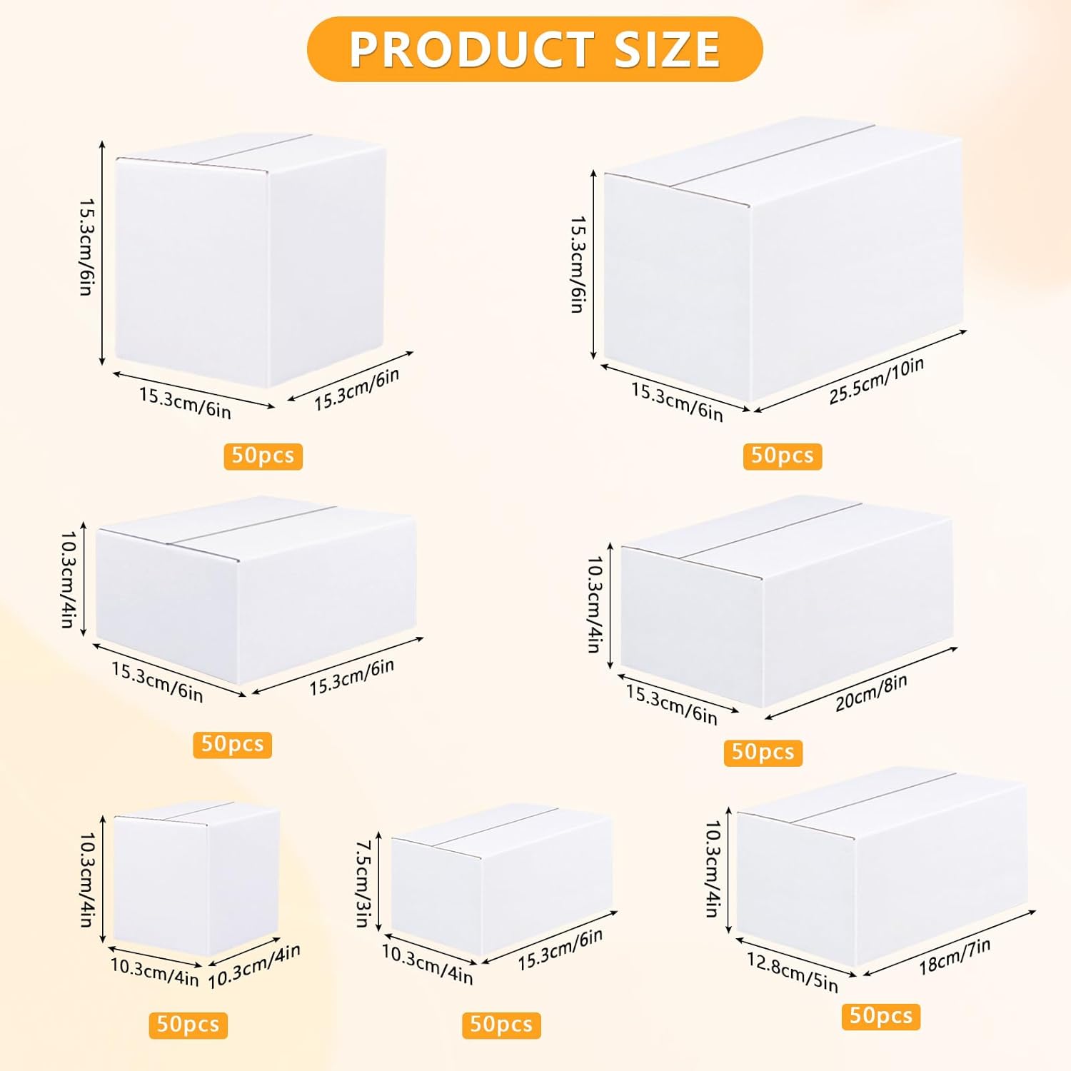Cajas de envío de 7 x 5 x 4 pulgadas, paquete de 50 cajas de cartón corrugado color blanco para embalaje de pequeñas empresas, mudanza, correo