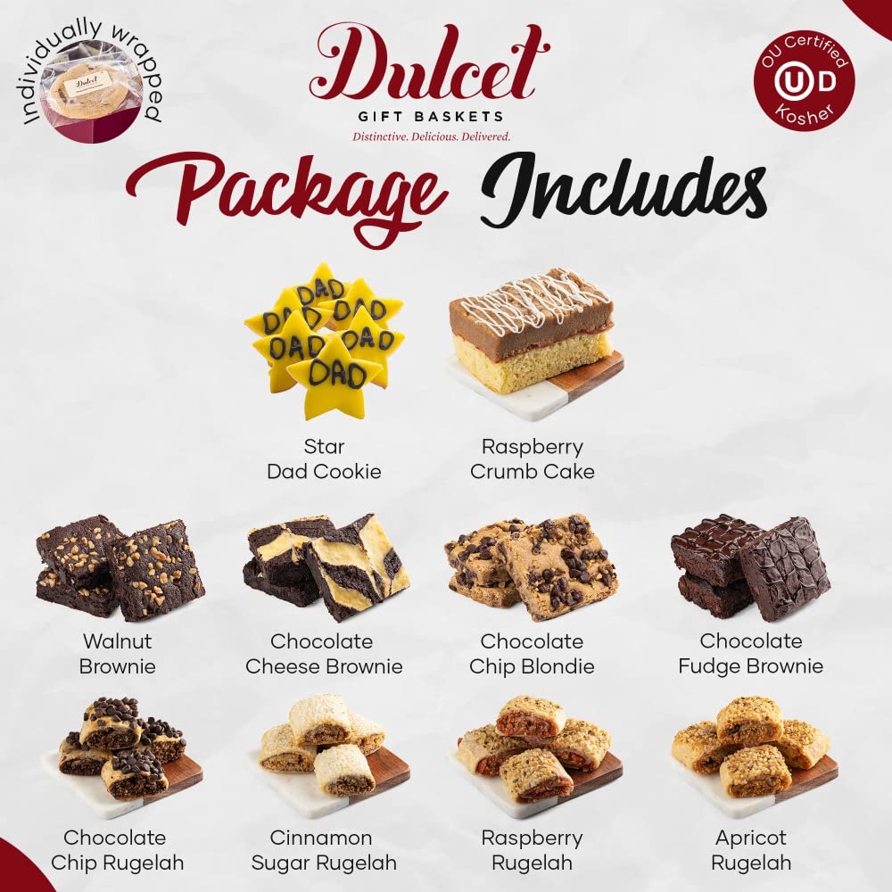 Dulcet Gift Baskets Caja de regalo gourmet para el Día del Padre con galletas de estrella helada con delicioso rugelah, brownie de dulce de azúcar y