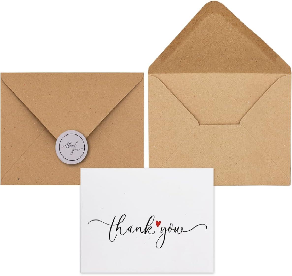 Tarjetas de agradecimiento con sobres y calcomanías de papel de estraza, paquete a granel de 20 y 50, diseño minimalista de 4 x 6 pulgadas, grandes