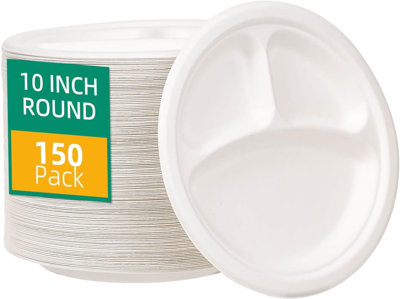 VIOBIO Platos de papel de 10 pulgadas, 3 compartimentos, paquete de 150 platos resistentes, compostables, desechables, para fiestas, respetuosos con